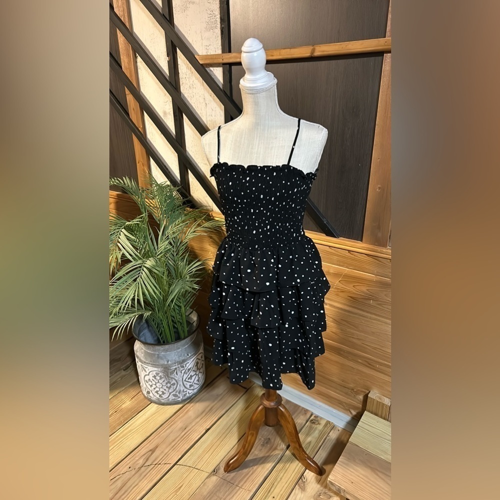 She and Sky black dress adorned with delicate white polka dots, size M - Picture 7 of 11